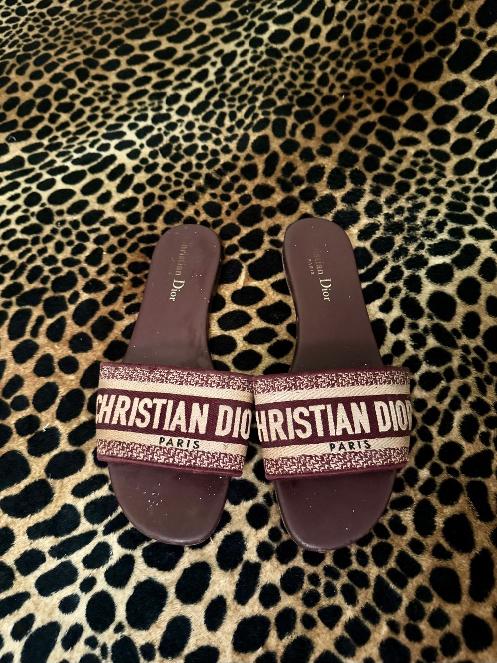 Dior Burgundy and Cream Logo Slide Sandals - Picture 1 of 5